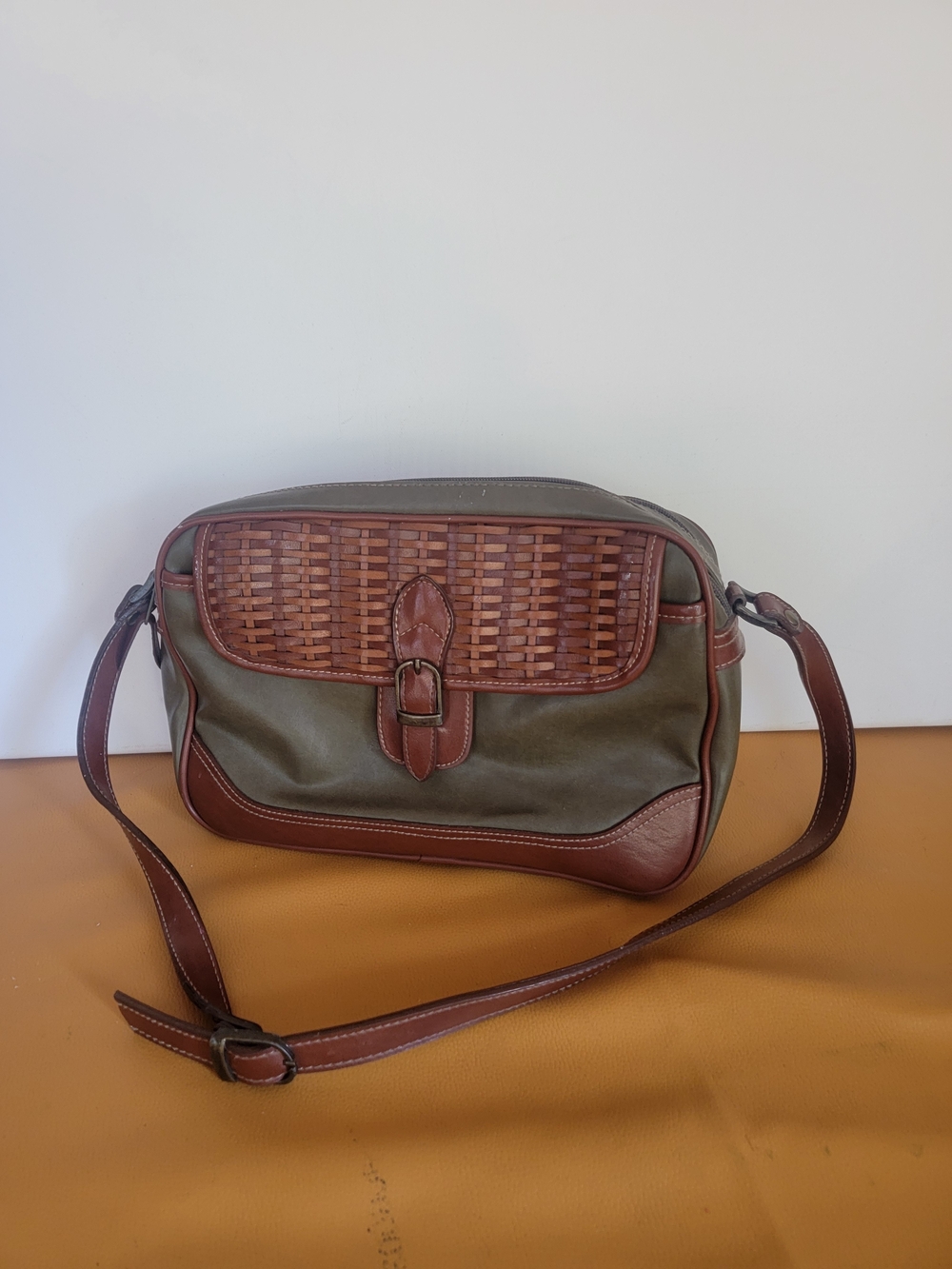 Olive Crossbody Bag with Brown Woven Trim In Vintage / Picnic Style